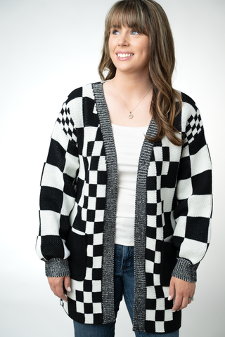 IN STOCK Long Checkered Pocket Cardigan - Black and White