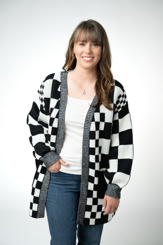 IN STOCK Long Checkered Pocket Cardigan - Black and White