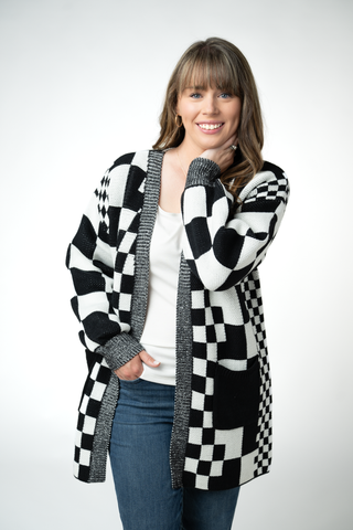 IN STOCK Long Checkered Pocket Cardigan - Black and White