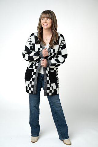 IN STOCK Long Checkered Pocket Cardigan - Black and White
