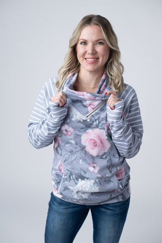 IN STOCK Classic Zoey ZipCowl Sweatshirt - Grey Floral and Stripes