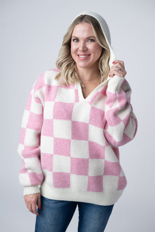 IN STOCK Checkered Hoodie - Pink and White