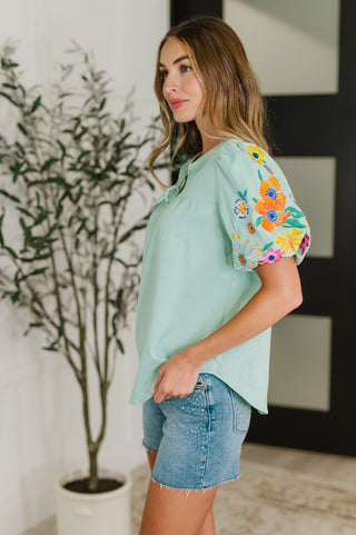 PREORDER: Embroidered Puff Sleeve V-Neck Blouse in Aqua