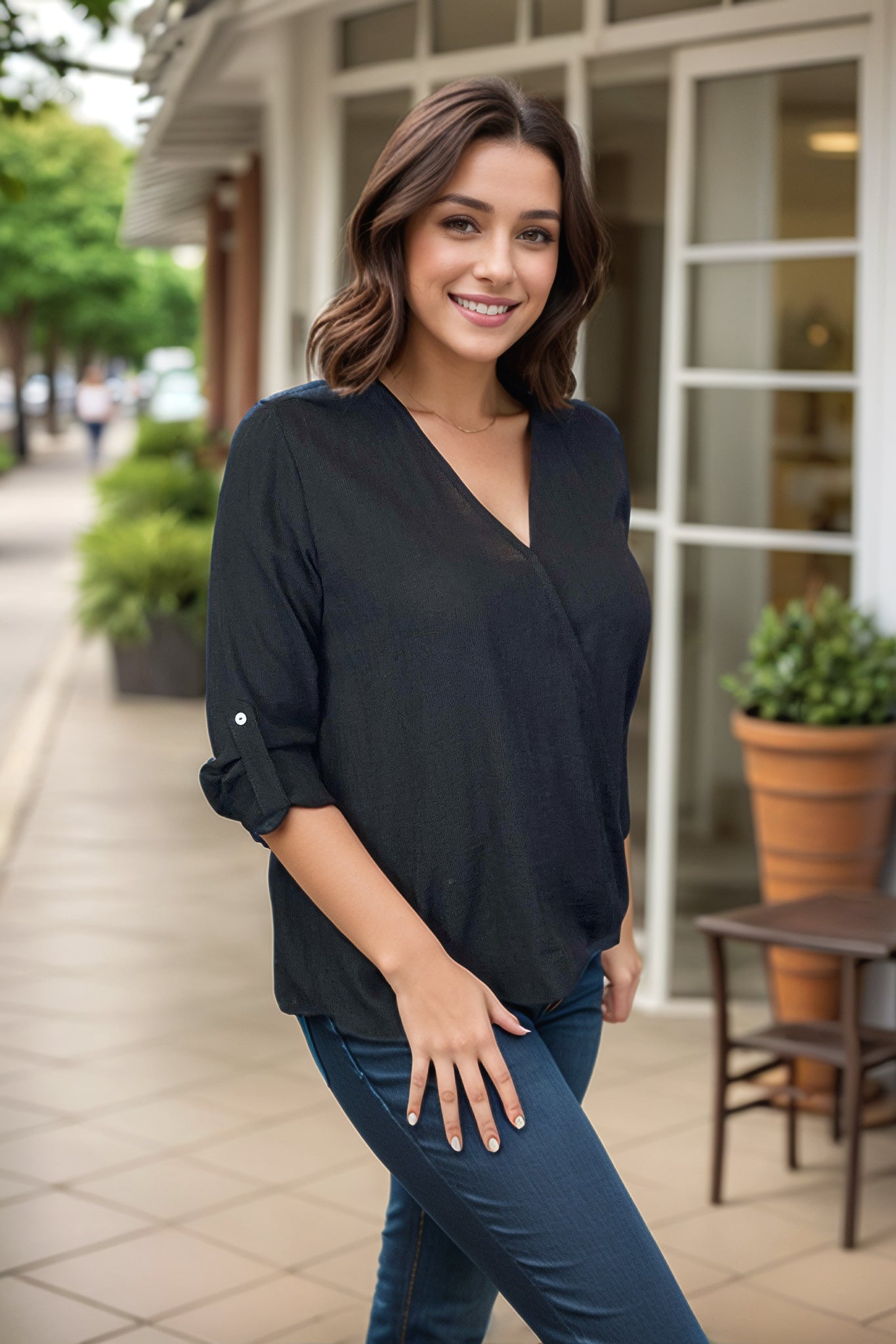 Emma - Black Surplice Top