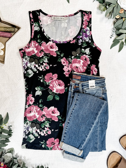 Luxe Crew Tank - Black and Mauve Floral | Women's Tank Top