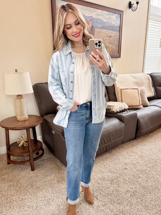 Pin Stripe Denim Shacket In Light Wash & White