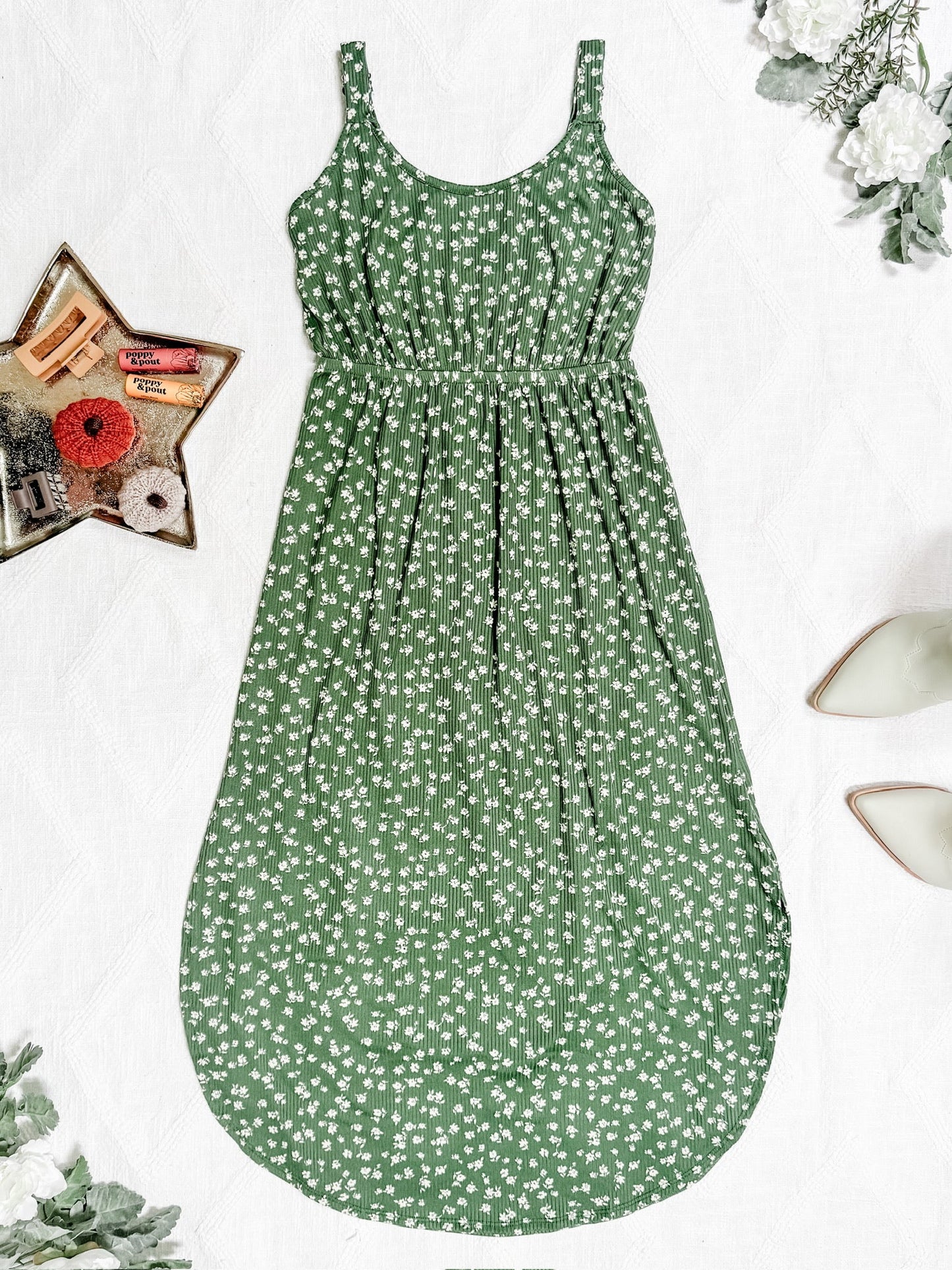 Reagan Ribbed Midi Dress - Olive Floral | Women's Dress