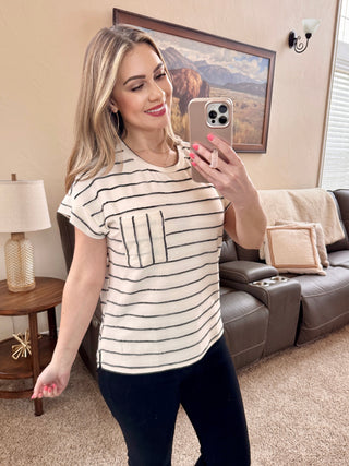 Ivory and Black Striped Ribbon Knit Top
