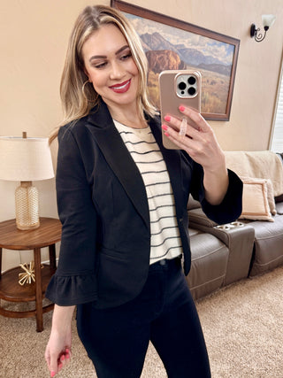 Ruffle Sleeve Blazer in Black