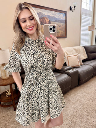 Button Detail Ruffle Leopard Party Dress