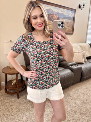 Floral Square Neck Short Sleeve in Navy