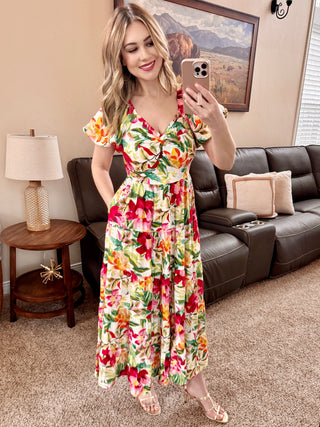 Tropical Floral Tiered Sweetheart Dress