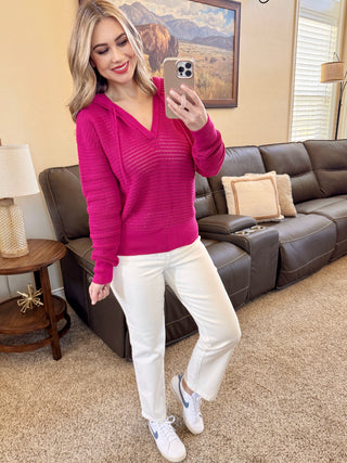 Crochet Knit Hoodie In Magenta