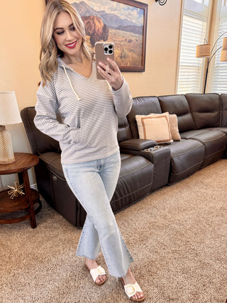 Boardwalk Striped Hoodie in Taupe and White