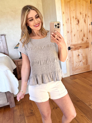 Smocked Ruffle Top In Light Gray
