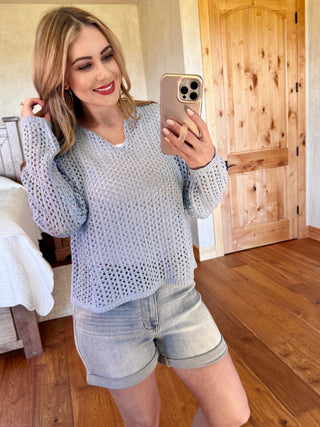 Crochet Long Sleeve Knit Sweater In Icy Blue