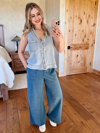 Pinstripe Denim V Neck Button Sleeveless Top