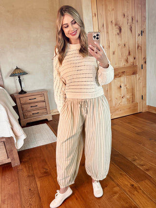 Taupe Stripe Cotton Barrel Pants