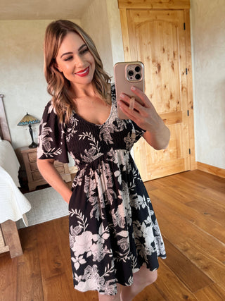 Smocked Black Flutter Sleeve Floral Dress