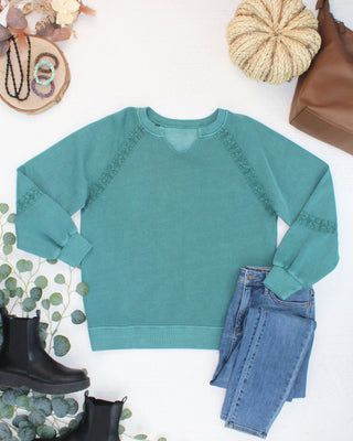 IN STOCK Lace Accent Vintage Wash Pullover - Teal