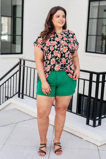 Lizzy Cap Sleeve Top in Black and Coral Floral