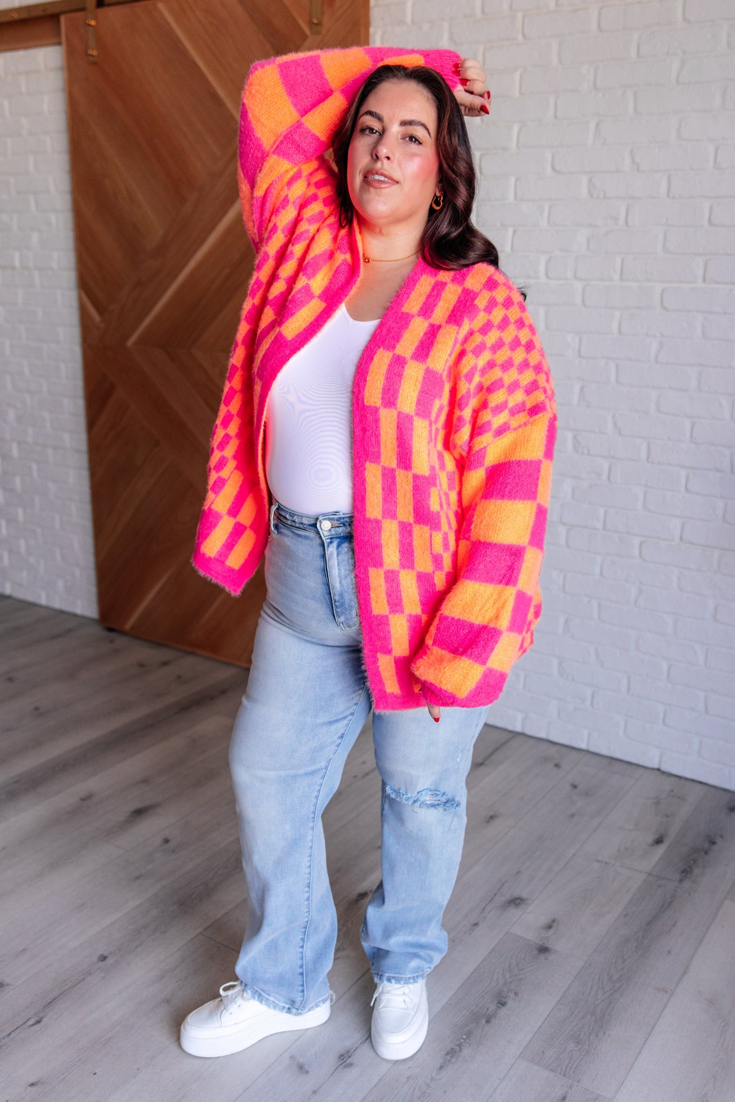 Noticed in Neon Checkered Cardigan in Pink and Orange