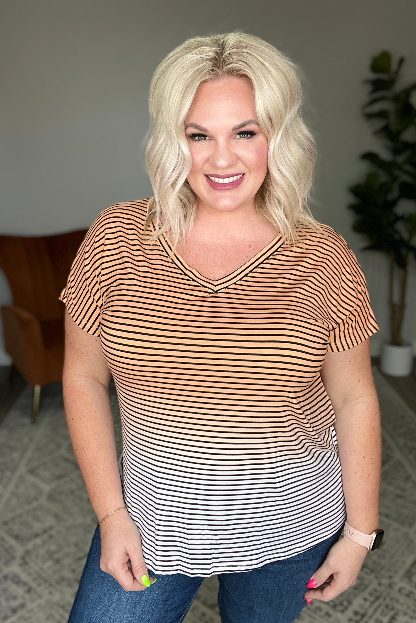 Ombre Stripe V-Neck T in Neon Coral