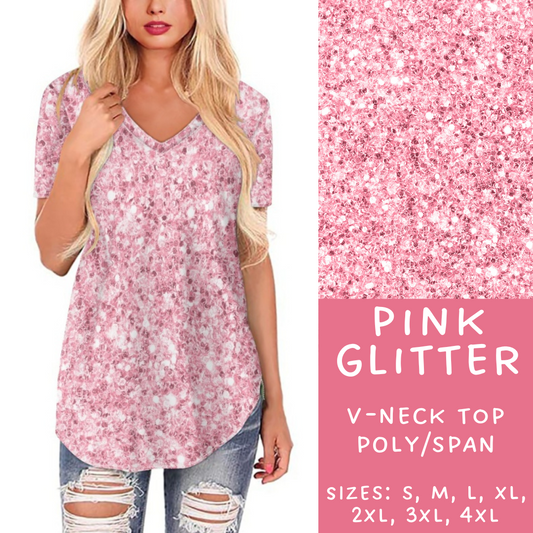 PREORDER Batch #223 - Black Friday - Closes 10/18 - ETA mid Nov - Pink Glitter V-Neck Tee