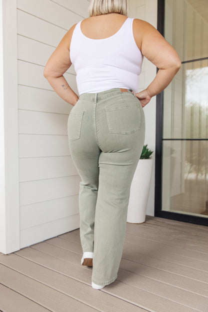 Phoebe High Rise Front Seam Straight Jeans in Sage