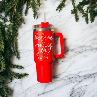 Believe and Choose Joy Coffee Mug for Christmas
Large 40oz red Christmas tumbler with quote
Christmas holiday drinkware 40oz red
Red stainless steel Christmas tumbler 40oz
Holiday gift tumbler red featuring message
Christmas tumbler with inspirational quote 40oz