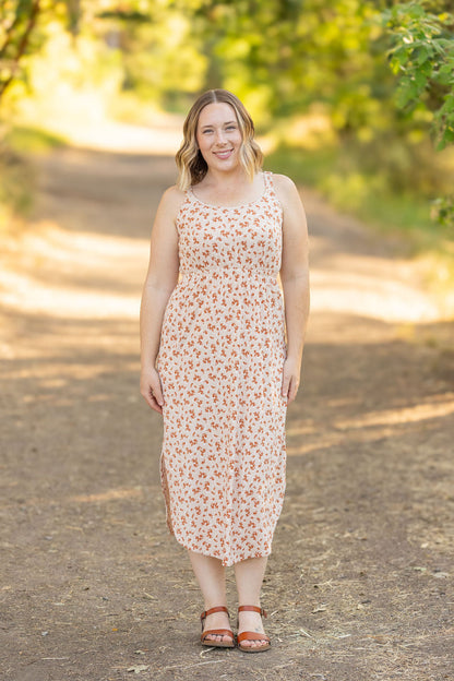 Reagan Ribbed Midi Dress - Sand and Rust Floral | Women's Dress