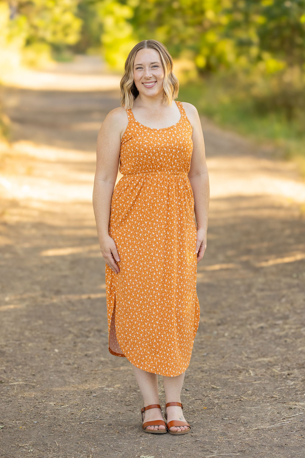 Reagan Ribbed Midi Dress - Pumpkin Floral | Women's Dress