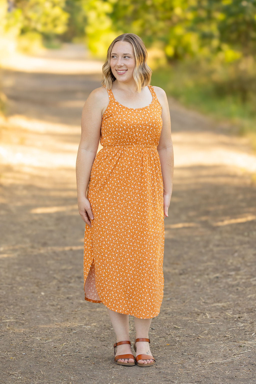 Reagan Ribbed Midi Dress - Pumpkin Floral | Women's Dress