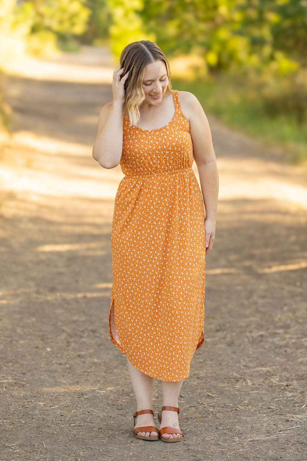 Reagan Ribbed Midi Dress - Pumpkin Floral | Women's Dress