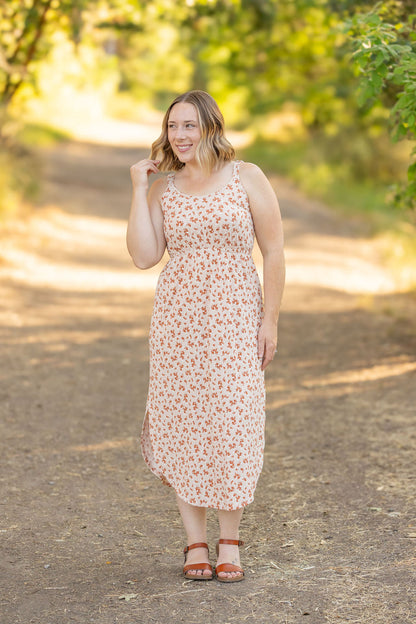 Reagan Ribbed Midi Dress - Sand and Rust Floral | Women's Dress