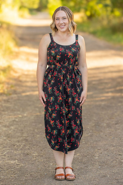 Reagan Ribbed Midi Dress - Black Floral | Women's Dress