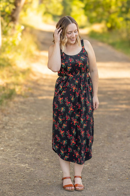 Reagan Ribbed Midi Dress - Black Floral | Women's Dress