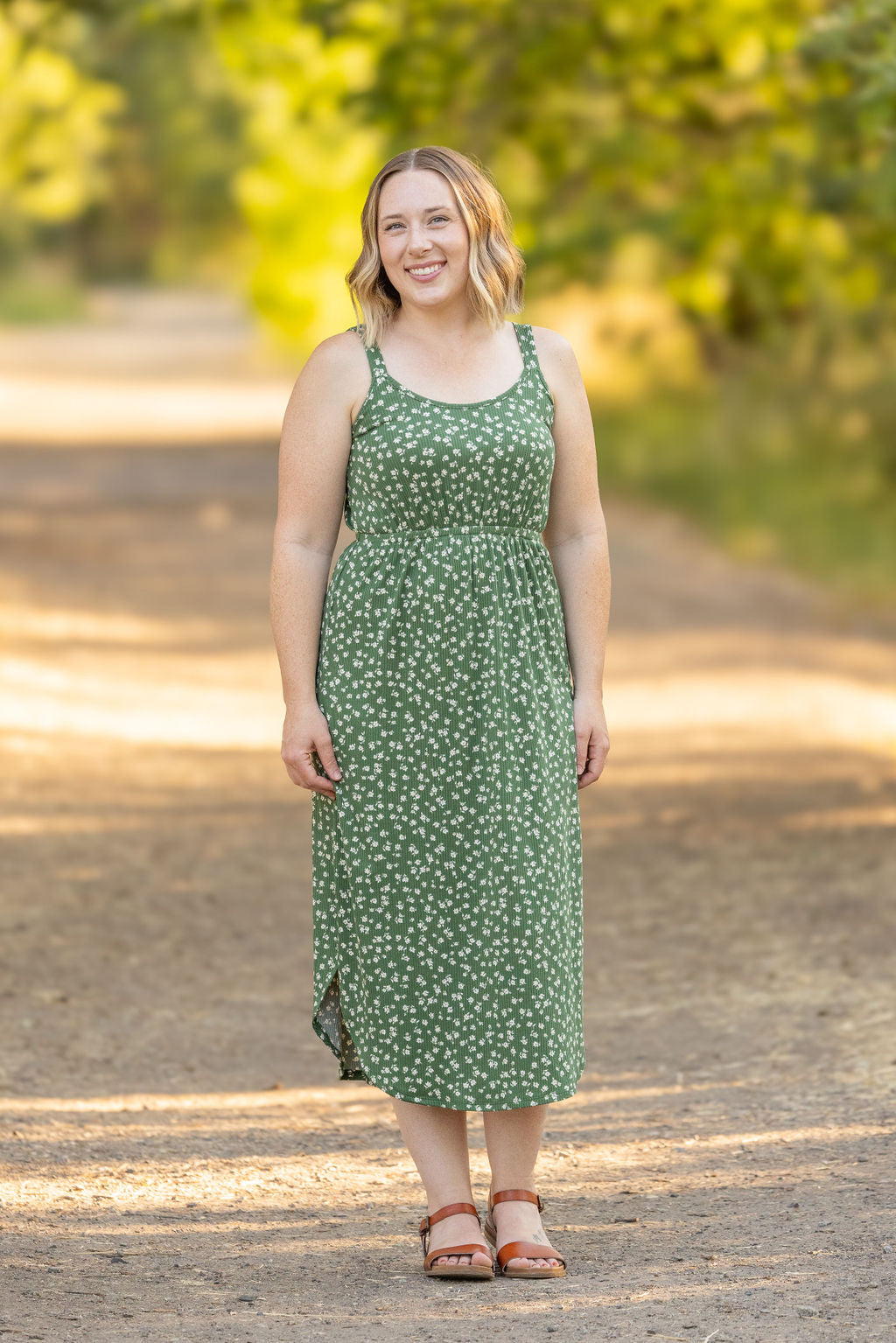 Reagan Ribbed Midi Dress - Olive Floral | Women's Dress