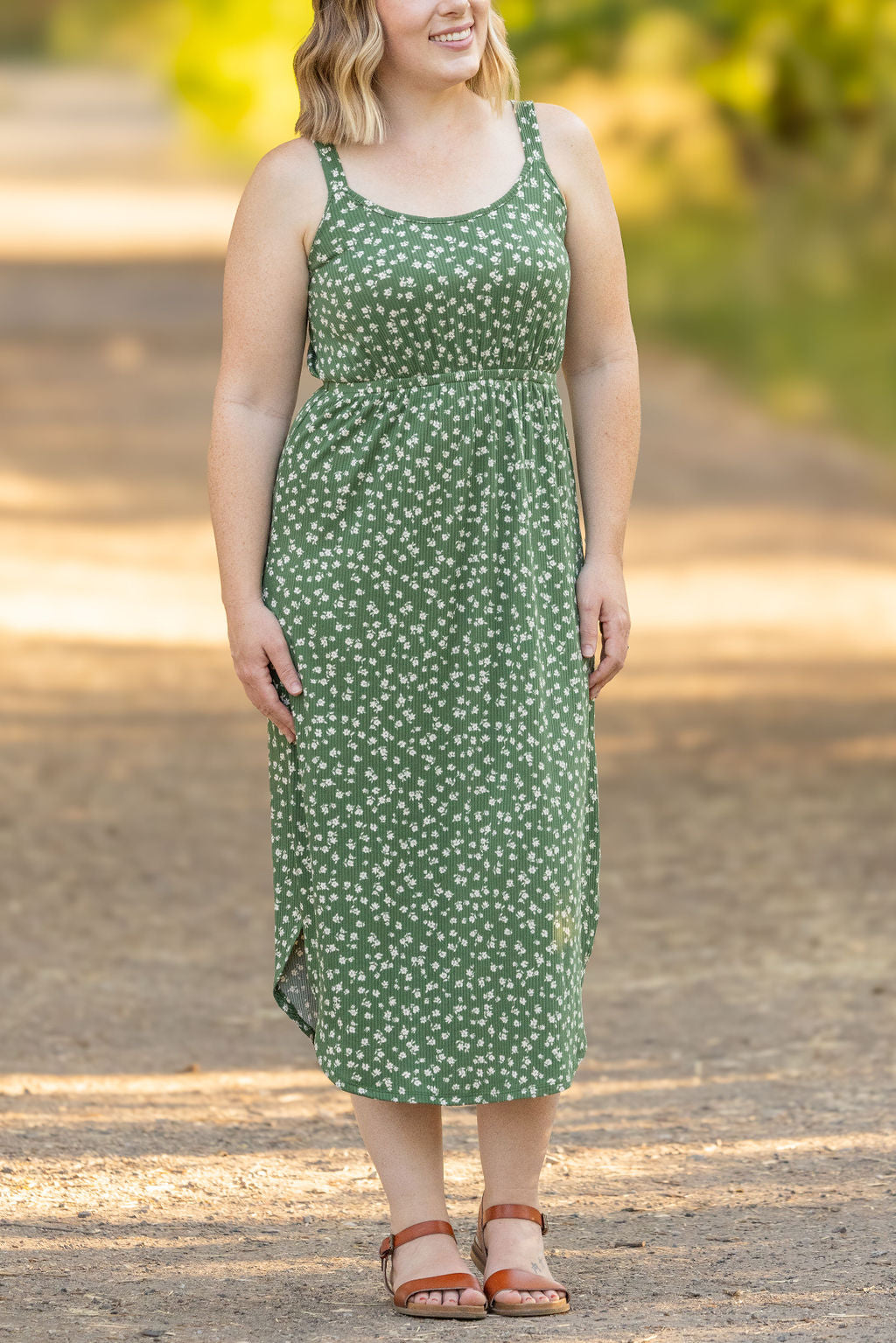 Reagan Ribbed Midi Dress - Olive Floral | Women's Dress