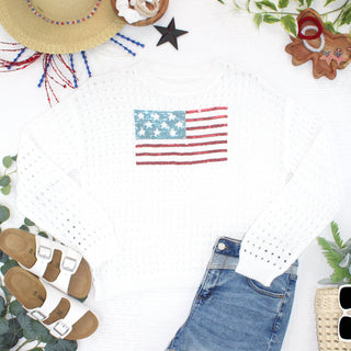 IN STOCK USA Sequin Flag Open Knit Pullover FINAL SALE