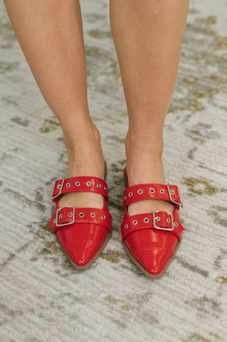 Usual Pointy Toe Double Buckle Flat in Red