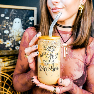 Reusable coffee tumbler for spooky season drinks 
Glass tumbler set with bamboo lid for Halloween gifts 