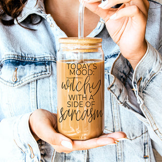 20oz witch themed glass tumbler set with glass straws
Halloween witch aesthetic glass tumbler with bamboo lid