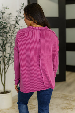 Wander & Rest Cable Ribbed Knit Drop Shoulder Top in Plum