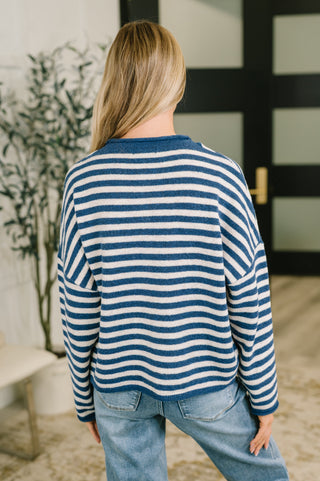 Won't Be Long Collared Sweater Button Down in Navy