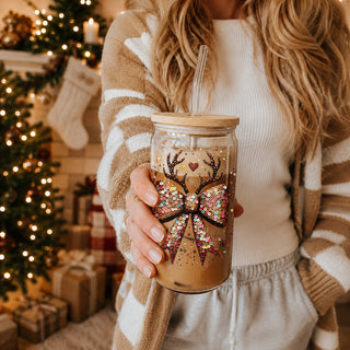Last minute Christmas gifts glitter glass tumbler 17oz - Holiday sequin bow reindeer drinkware bamboo lid straw
Teacher Christmas gifts glitter sequin glass tumbler 17oz - Holiday reindeer bow coffee cup bamboo lid appreciation