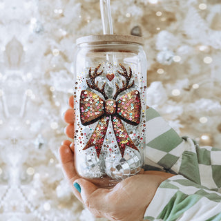 Christmas sparkle drinkware glass tumbler 17oz - Glitter sequin reindeer bow bamboo lid - Holiday glamour coffee cup