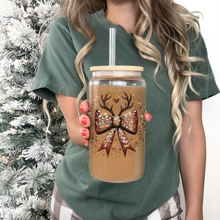 Glittery Christmas glass cup 17oz - Sparkly sequin bow reindeer holiday tumbler bamboo lid glass straw - Festive bling gift