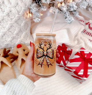 Christmas gifts for women glass tumbler 17oz - Glitter sequin reindeer bow holiday drinkware bamboo lid glass straw
White elephant gifts glitter sequin glass tumbler 17oz - Christmas reindeer bow party drinkware bamboo lid