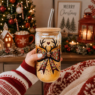 Christmas gifts for women glass tumbler 17oz - Glitter sequin reindeer bow holiday drinkware bamboo lid glass straw
White elephant gifts glitter sequin glass tumbler 17oz - Christmas reindeer bow party drinkware bamboo lid
